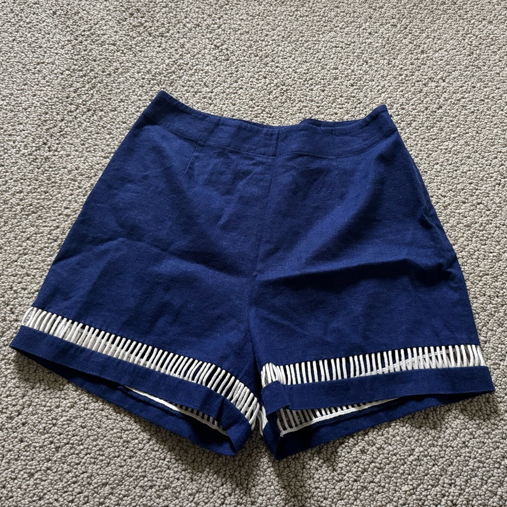 STAUD Navy Blue Striped Hem Shorts